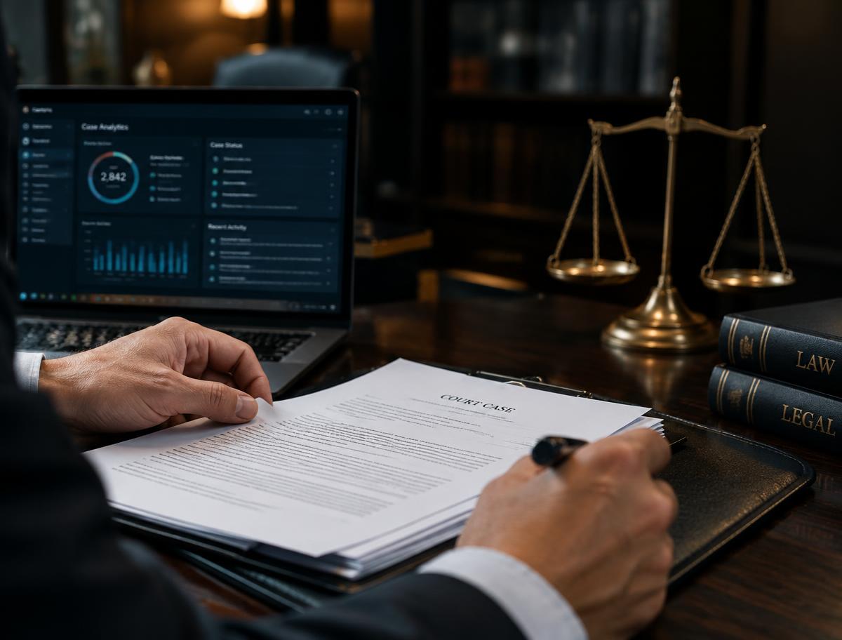Advogado revisando processo com painel de análise